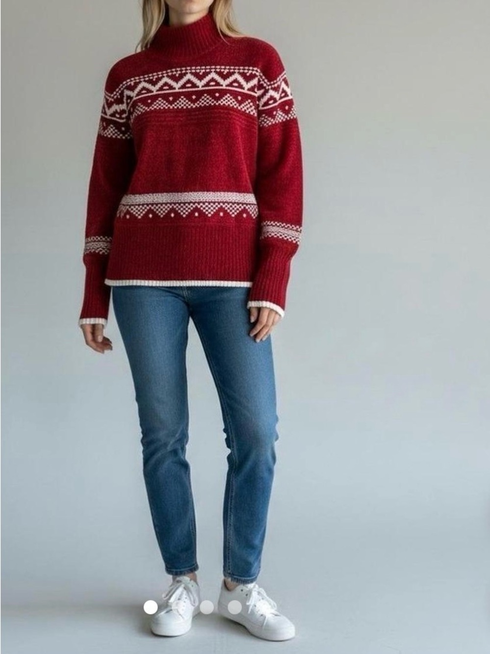 Christian Siriano Red & White Cowl-Neck Fair Isle Sweater Women L Holiday